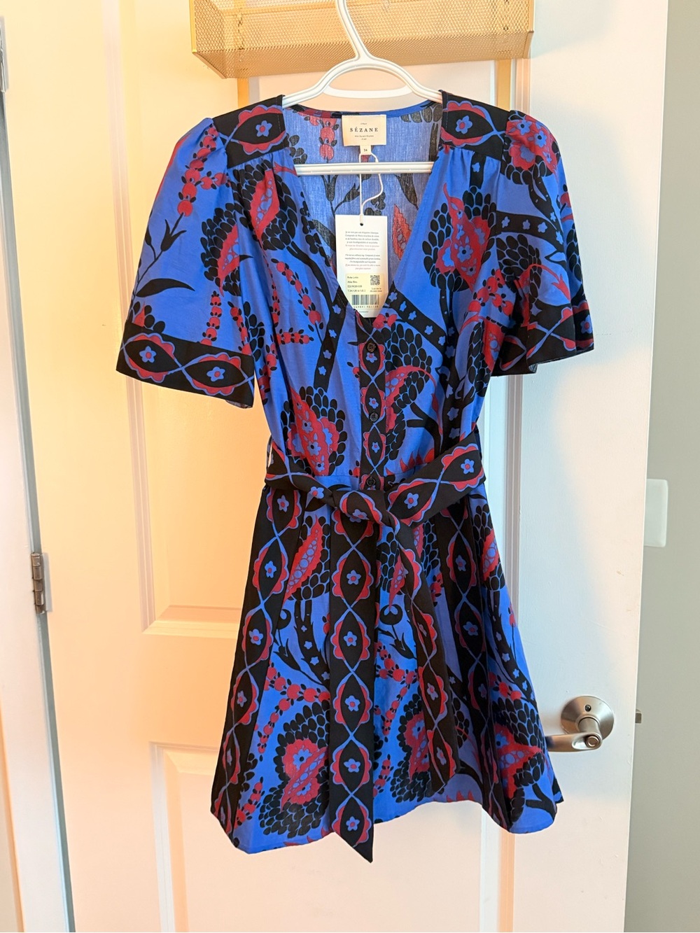 Sezane Blue Mini Dress with Red & Black Floral Print
